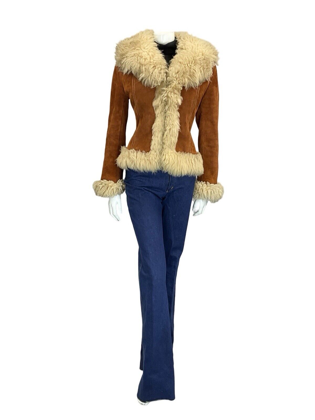 VTG 60S 70S PENNY LANE RUSTY BROWN SUEDE CREAM SHEARLING CROPPED BOHO COAT 8