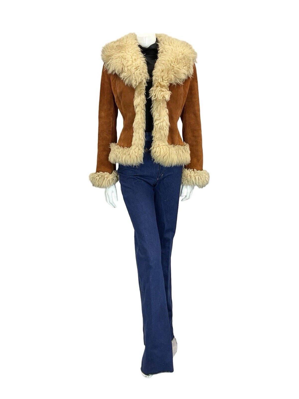 VTG 60S 70S PENNY LANE RUSTY BROWN SUEDE CREAM SHEARLING CROPPED BOHO COAT 8