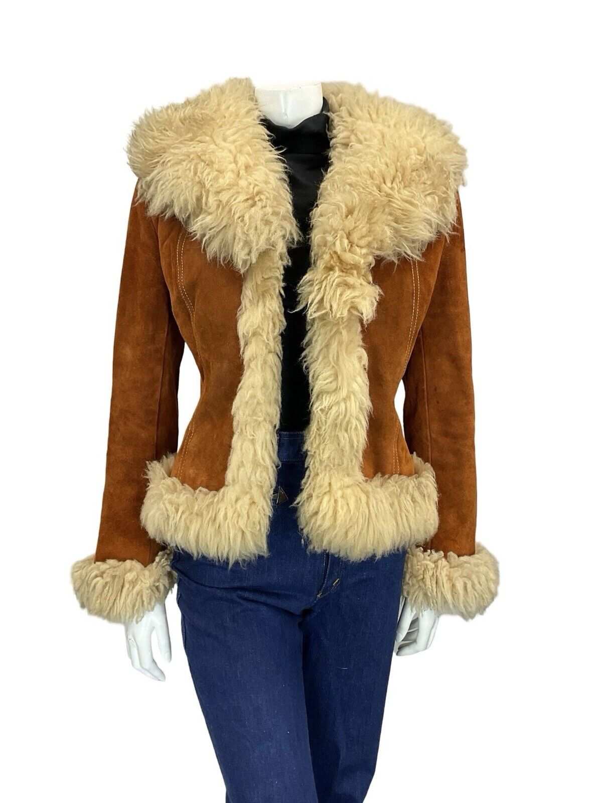 VTG 60S 70S PENNY LANE RUSTY BROWN SUEDE CREAM SHEARLING CROPPED BOHO COAT 8
