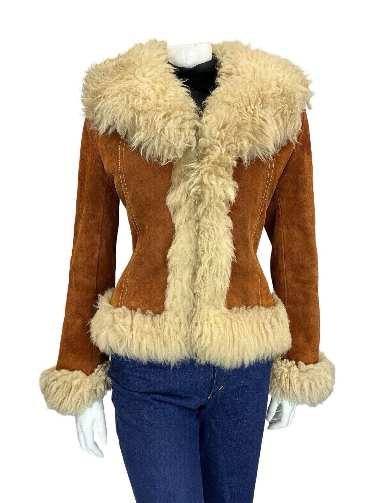 VTG 60S 70S PENNY LANE RUSTY BROWN SUEDE CREAM SHEARLING CROPPED BOHO COAT 8