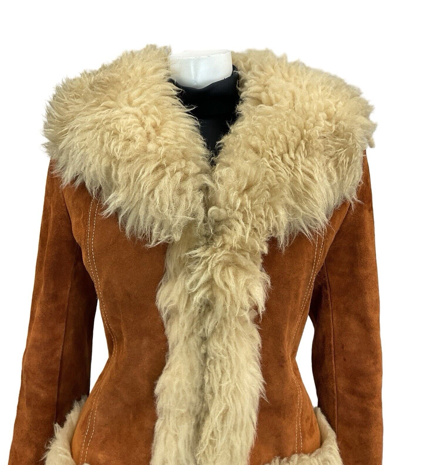 VTG 60S 70S PENNY LANE RUSTY BROWN SUEDE CREAM SHEARLING CROPPED BOHO COAT 8