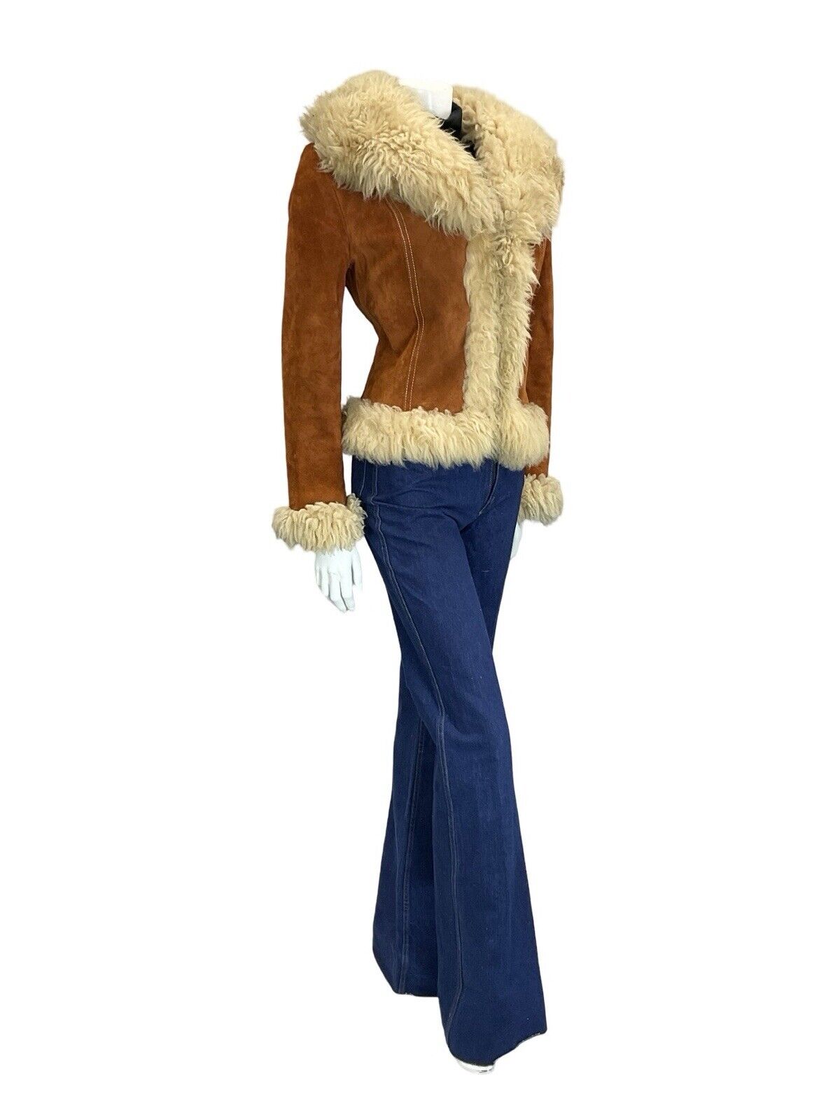 VTG 60S 70S PENNY LANE RUSTY BROWN SUEDE CREAM SHEARLING CROPPED BOHO COAT 8