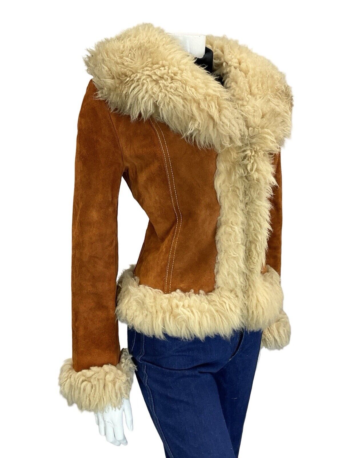 VTG 60S 70S PENNY LANE RUSTY BROWN SUEDE CREAM SHEARLING CROPPED BOHO COAT 8