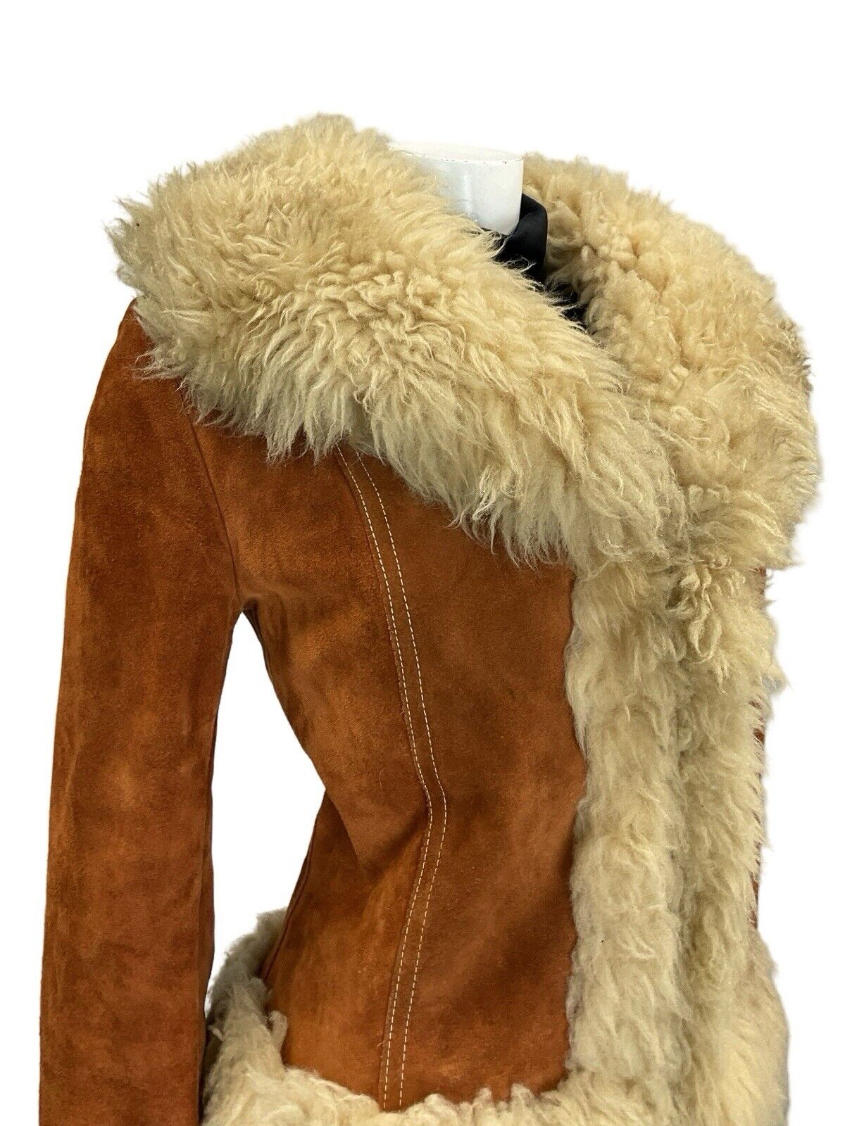 VTG 60S 70S PENNY LANE RUSTY BROWN SUEDE CREAM SHEARLING CROPPED BOHO COAT 8