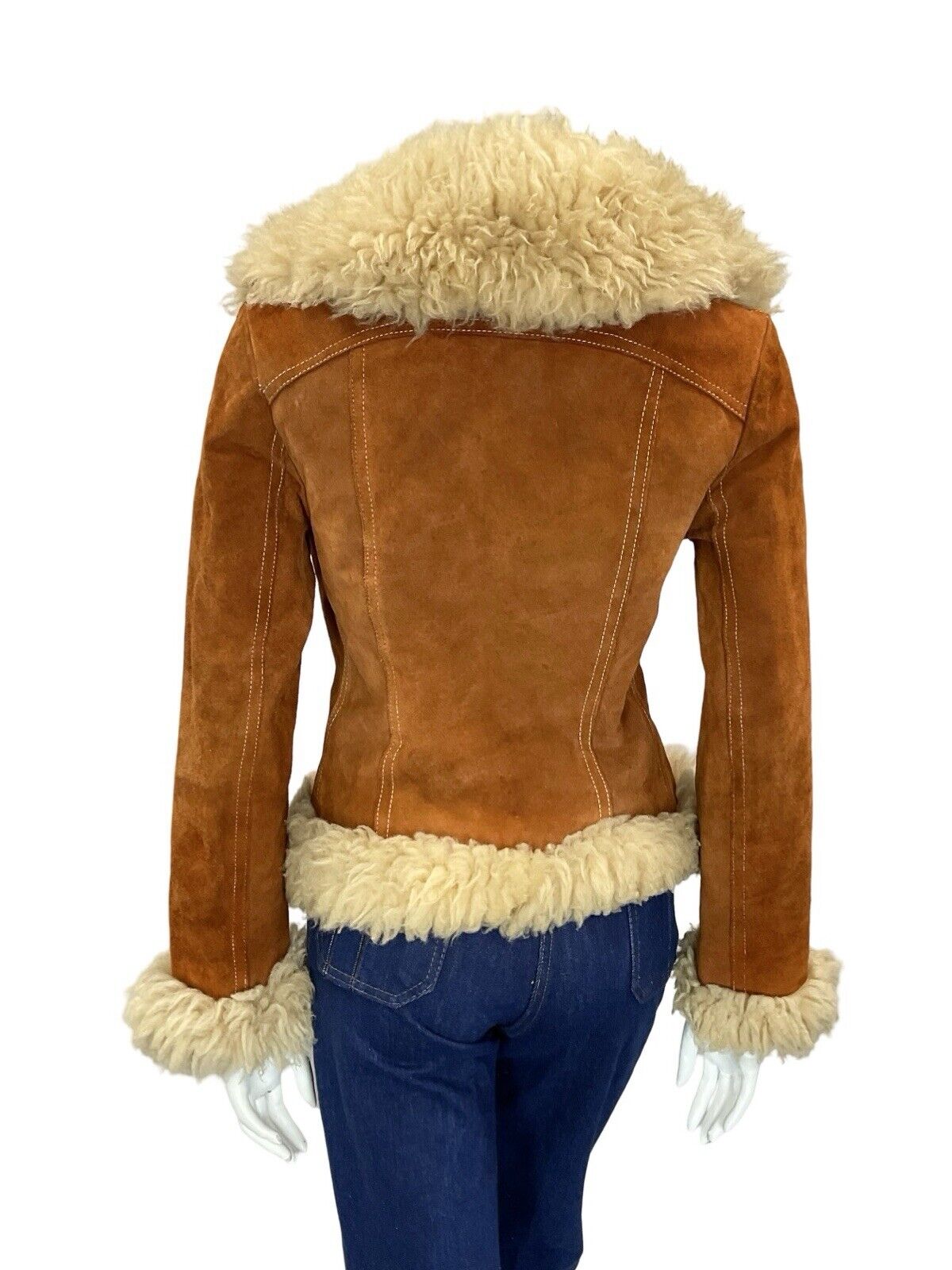 VTG 60S 70S PENNY LANE RUSTY BROWN SUEDE CREAM SHEARLING CROPPED BOHO COAT 8