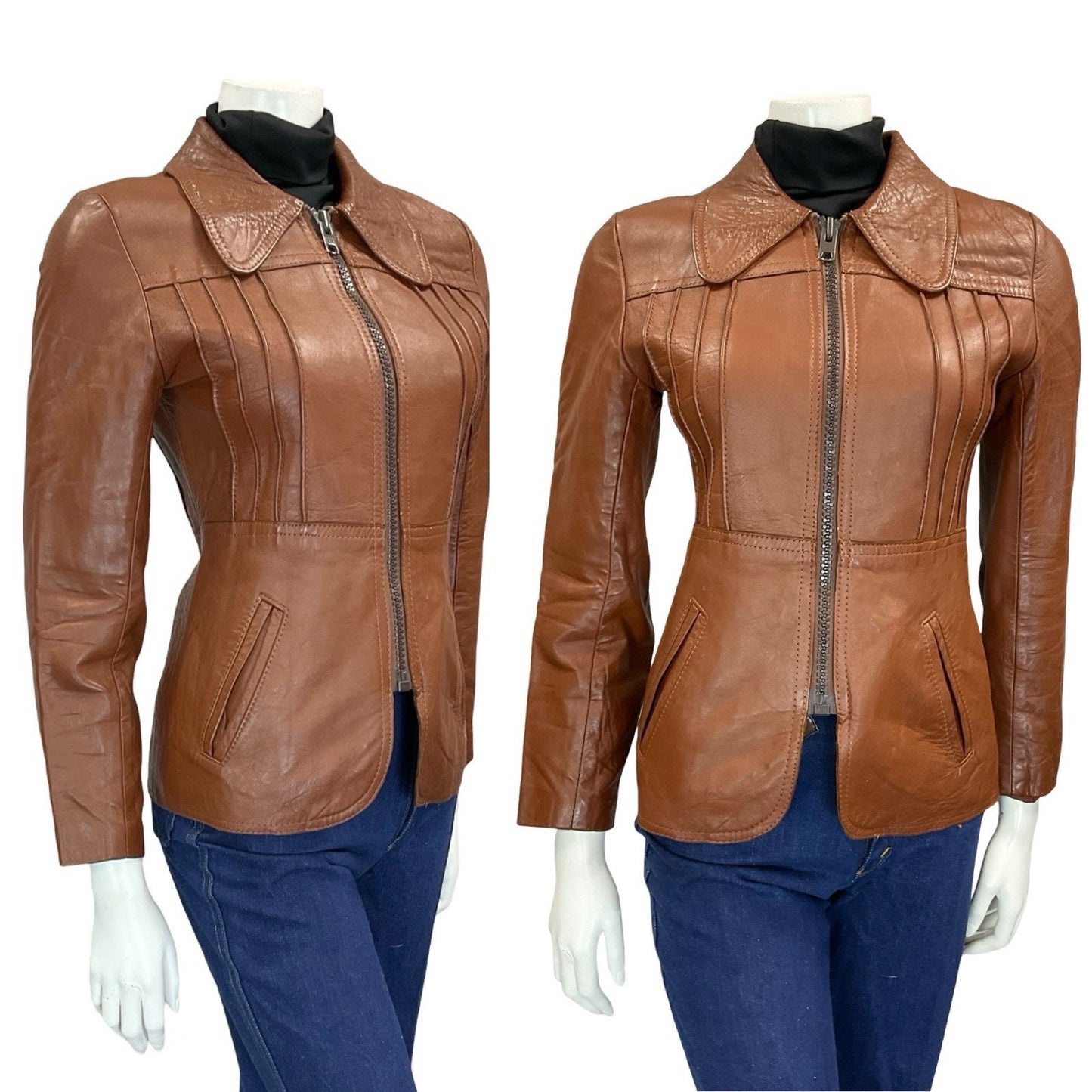 VTG 60S 70S MOD DARK TAN BROWN SPOON DOG EAR COLLAR ZIP LEATHER JACKET COAT 4