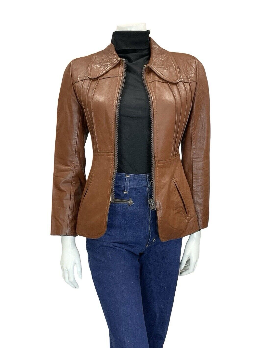 VTG 60S 70S MOD DARK TAN BROWN SPOON DOG EAR COLLAR ZIP LEATHER JACKET COAT 4