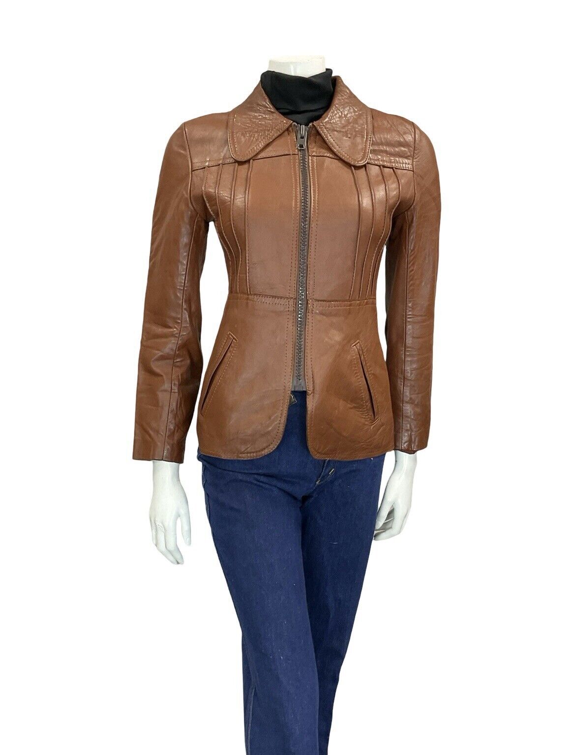 VTG 60S 70S MOD DARK TAN BROWN SPOON DOG EAR COLLAR ZIP LEATHER JACKET COAT 4