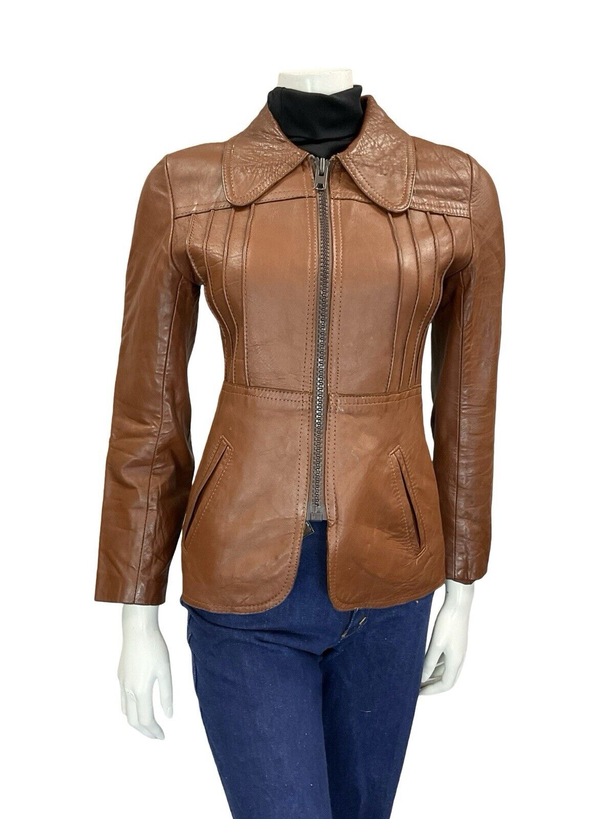 VTG 60S 70S MOD DARK TAN BROWN SPOON DOG EAR COLLAR ZIP LEATHER JACKET COAT 4