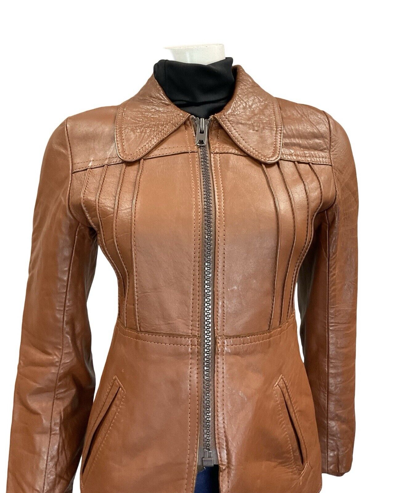 VTG 60S 70S MOD DARK TAN BROWN SPOON DOG EAR COLLAR ZIP LEATHER JACKET COAT 4
