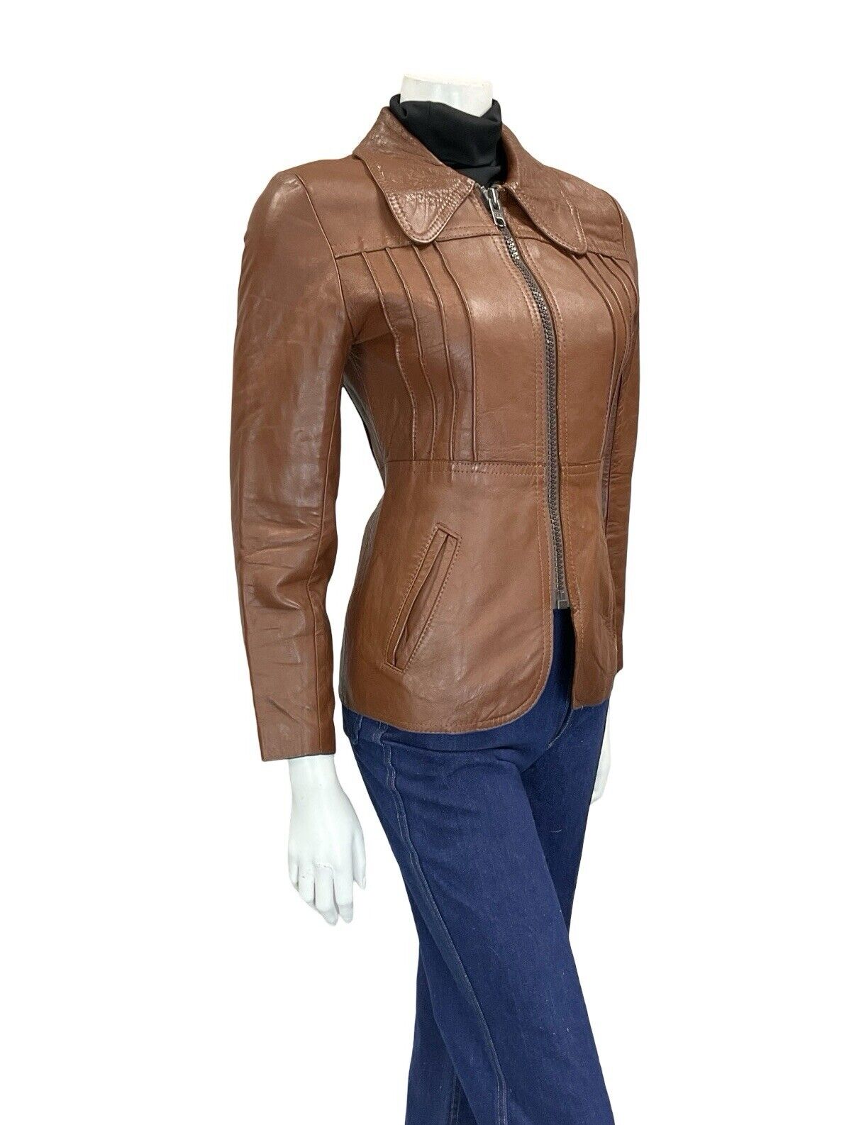 VTG 60S 70S MOD DARK TAN BROWN SPOON DOG EAR COLLAR ZIP LEATHER JACKET COAT 4