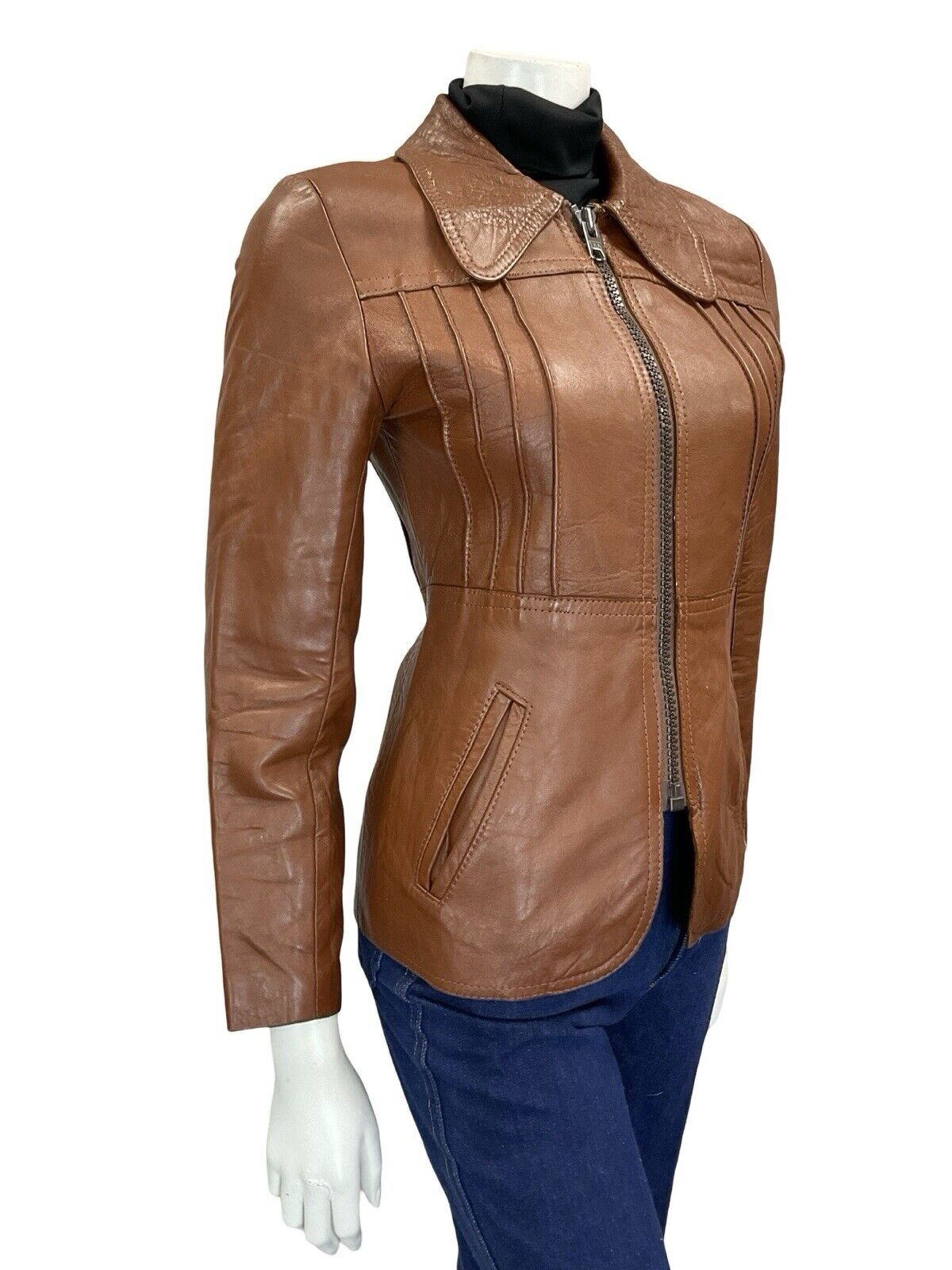 VTG 60S 70S MOD DARK TAN BROWN SPOON DOG EAR COLLAR ZIP LEATHER JACKET COAT 4