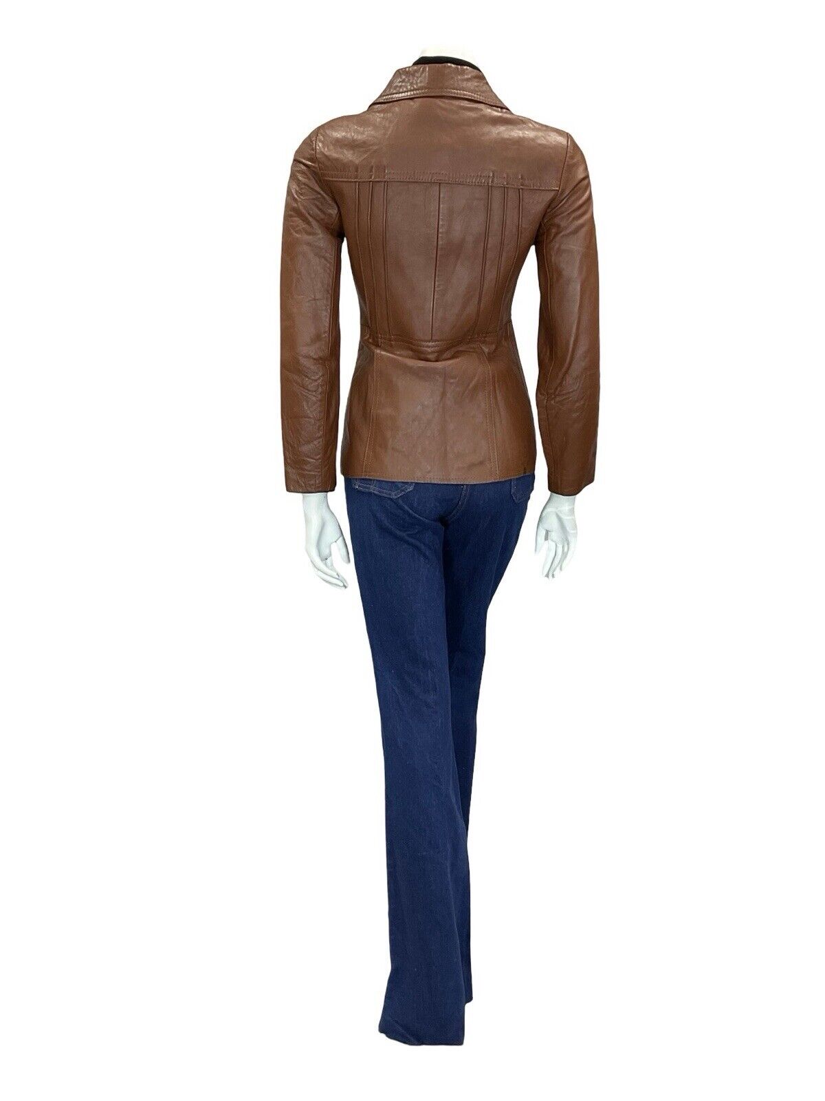 VTG 60S 70S MOD DARK TAN BROWN SPOON DOG EAR COLLAR ZIP LEATHER JACKET COAT 4