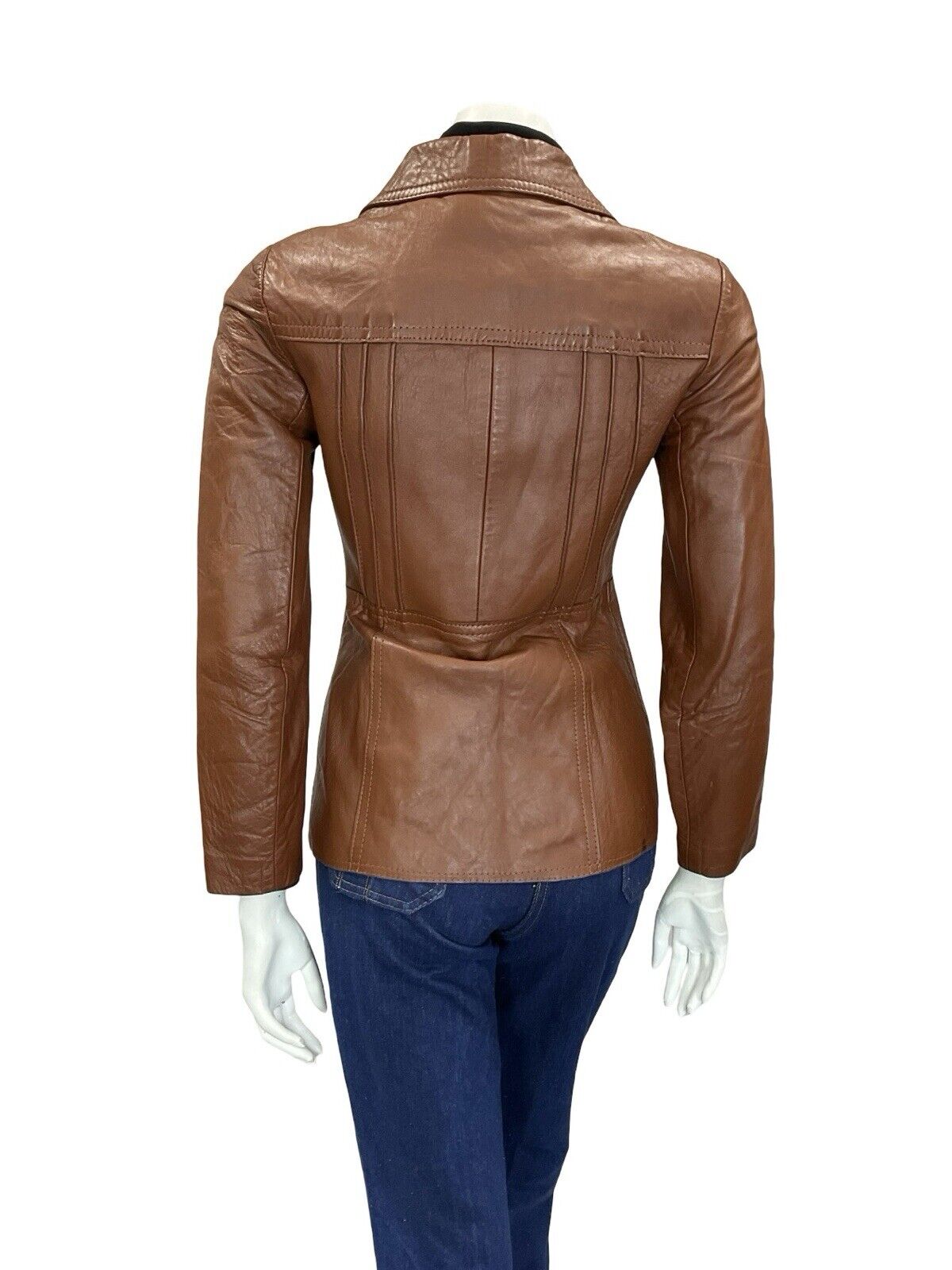 VTG 60S 70S MOD DARK TAN BROWN SPOON DOG EAR COLLAR ZIP LEATHER JACKET COAT 4
