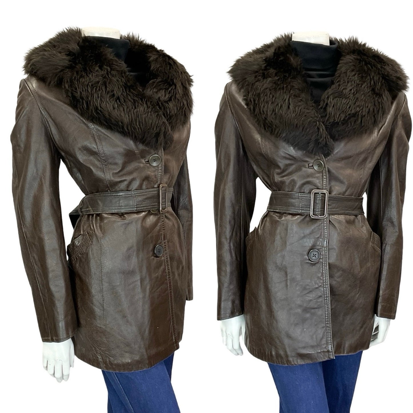 VTG 60S 70S DARK BROWN LEATHER BUCKLE TIE WAIST FUR TRIM COLLAR BELTED JACKET 14