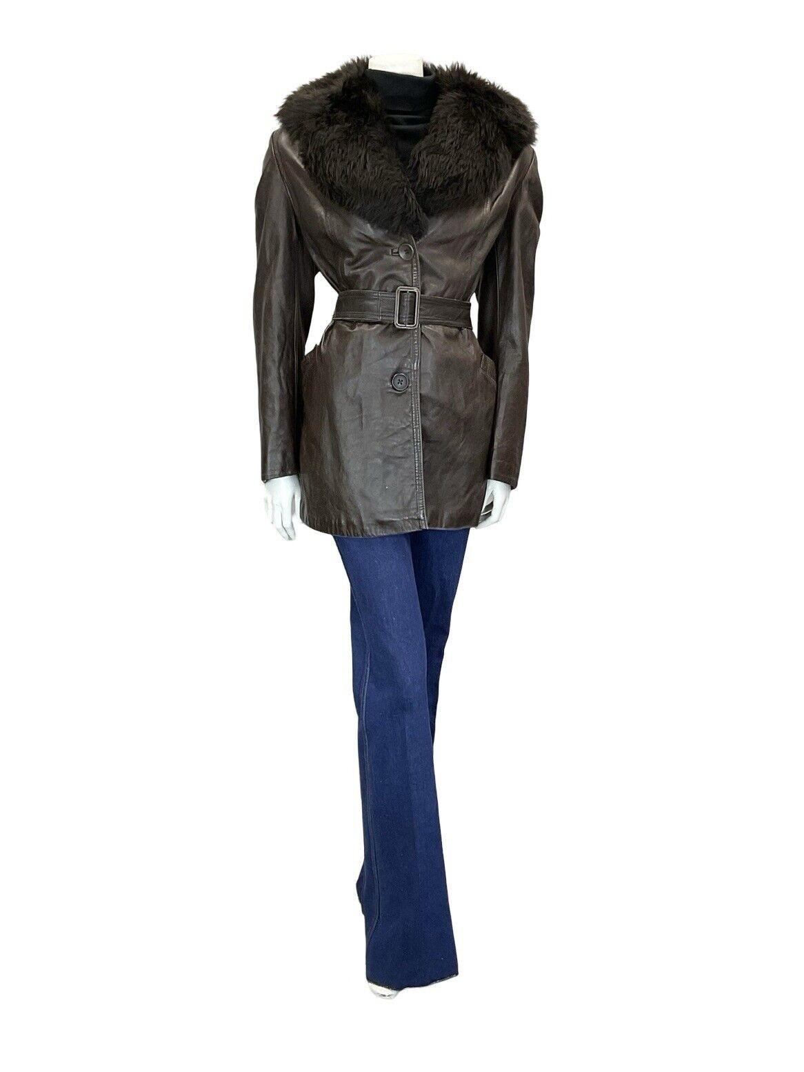 VTG 60S 70S DARK BROWN LEATHER BUCKLE TIE WAIST FUR TRIM COLLAR BELTED JACKET 14