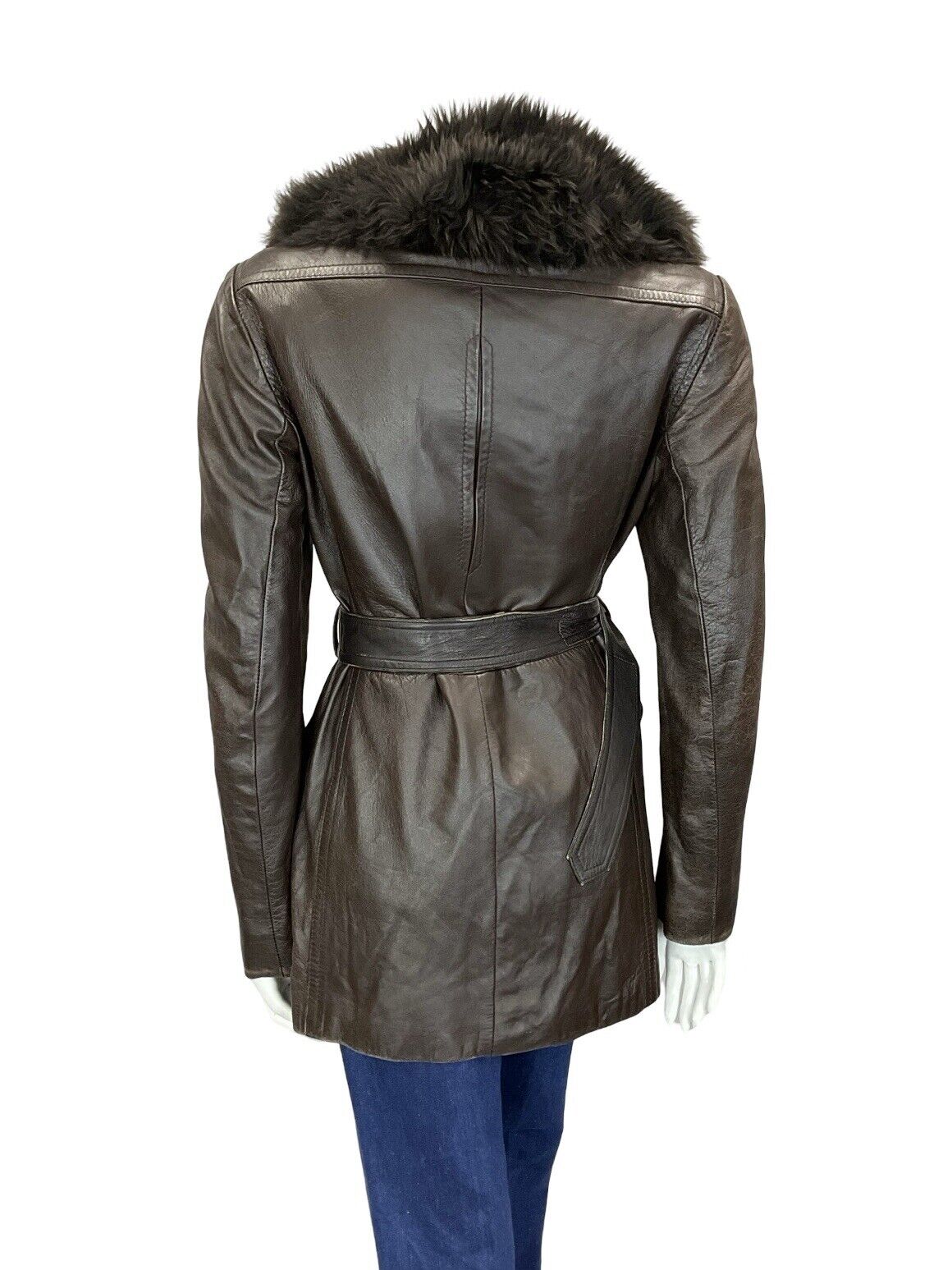 VTG 60S 70S DARK BROWN LEATHER BUCKLE TIE WAIST FUR TRIM COLLAR BELTED JACKET 14