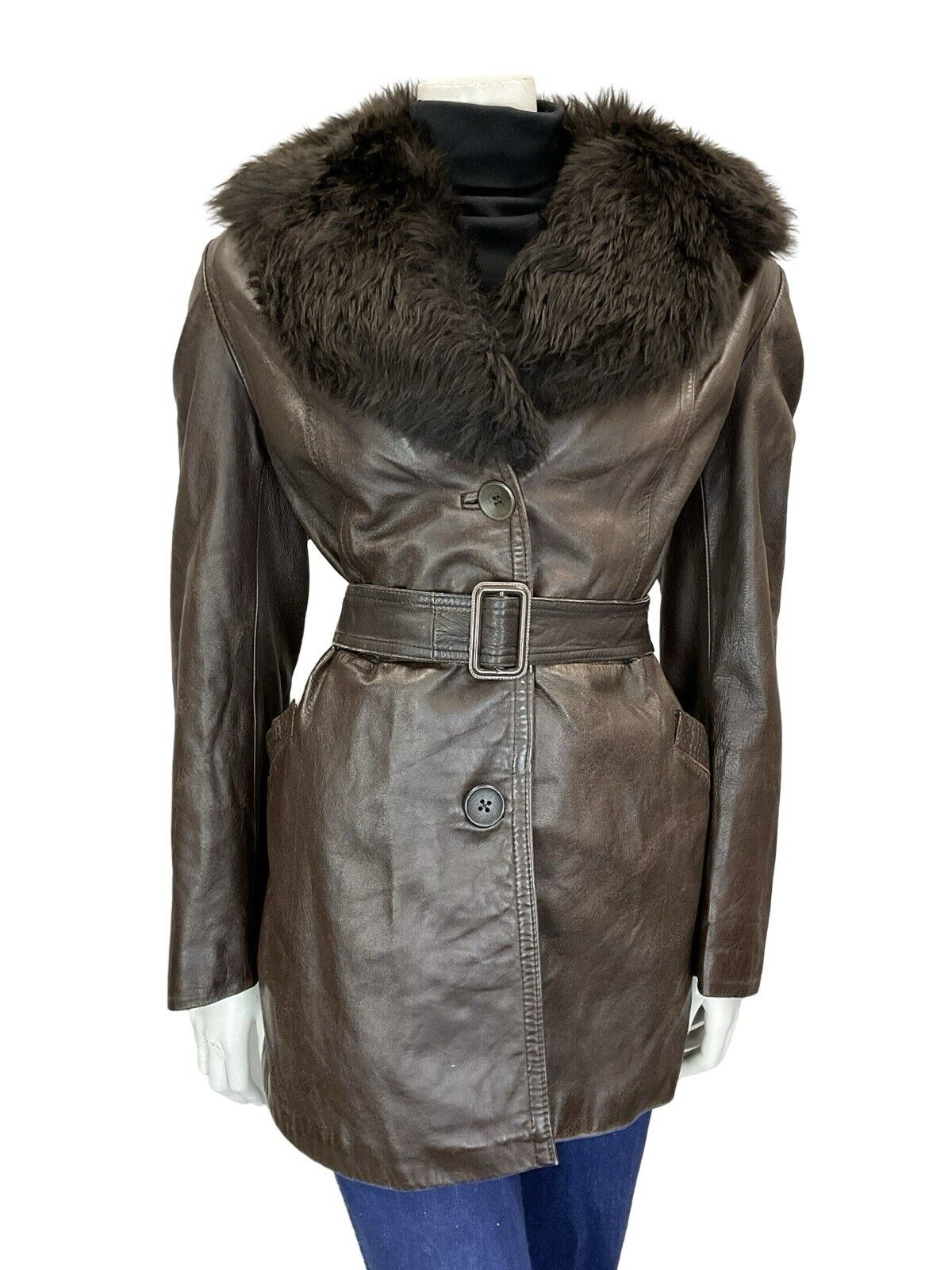 VTG 60S 70S DARK BROWN LEATHER BUCKLE TIE WAIST FUR TRIM COLLAR BELTED JACKET 14