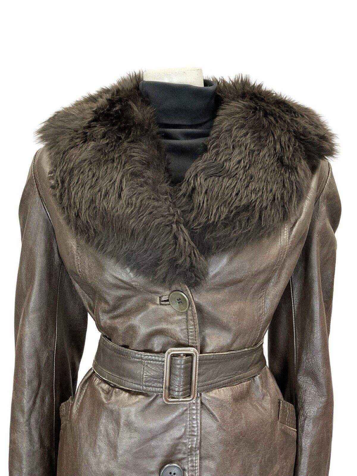 VTG 60S 70S DARK BROWN LEATHER BUCKLE TIE WAIST FUR TRIM COLLAR BELTED JACKET 14