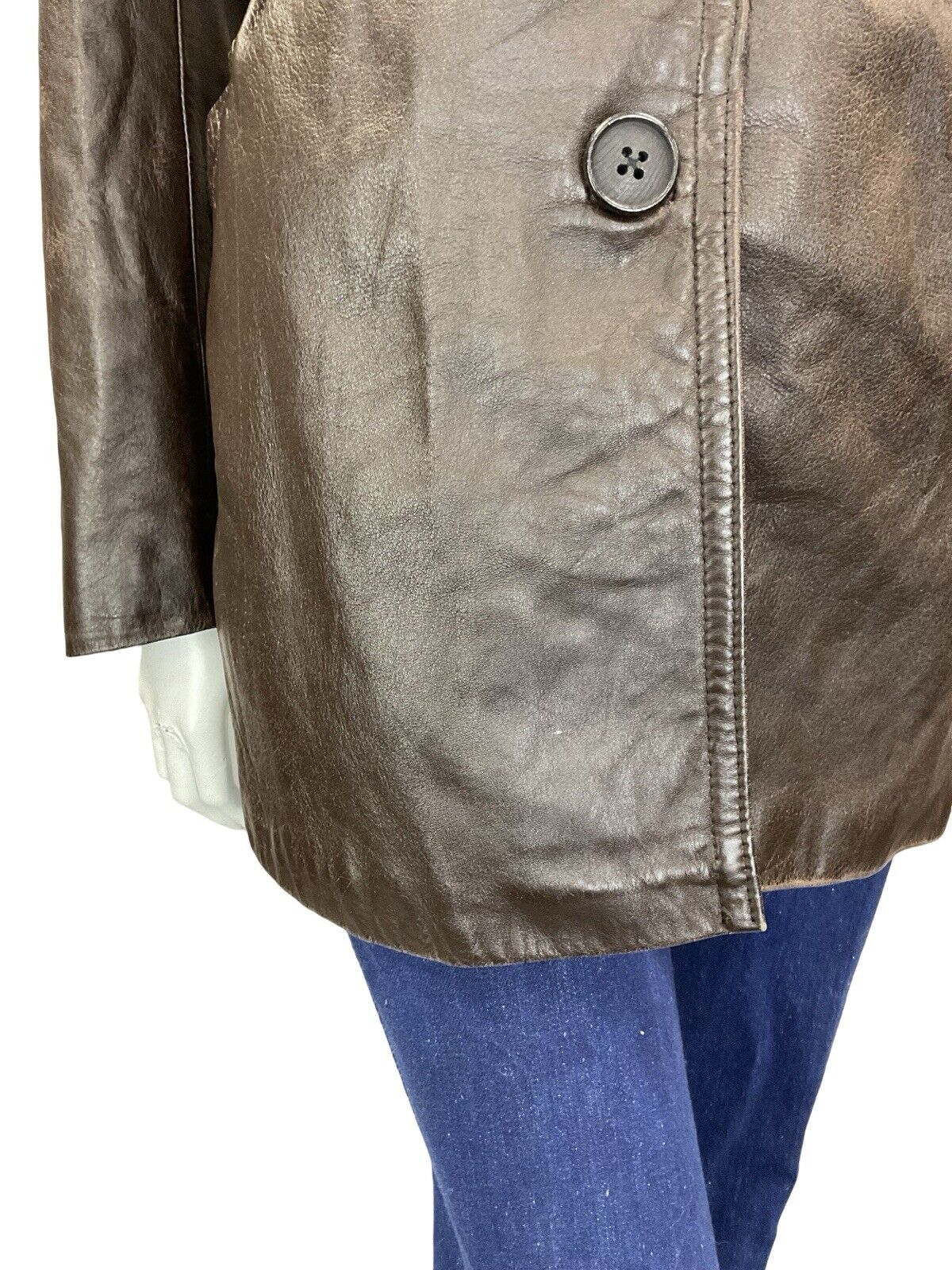 VTG 60S 70S DARK BROWN LEATHER BUCKLE TIE WAIST FUR TRIM COLLAR BELTED JACKET 14