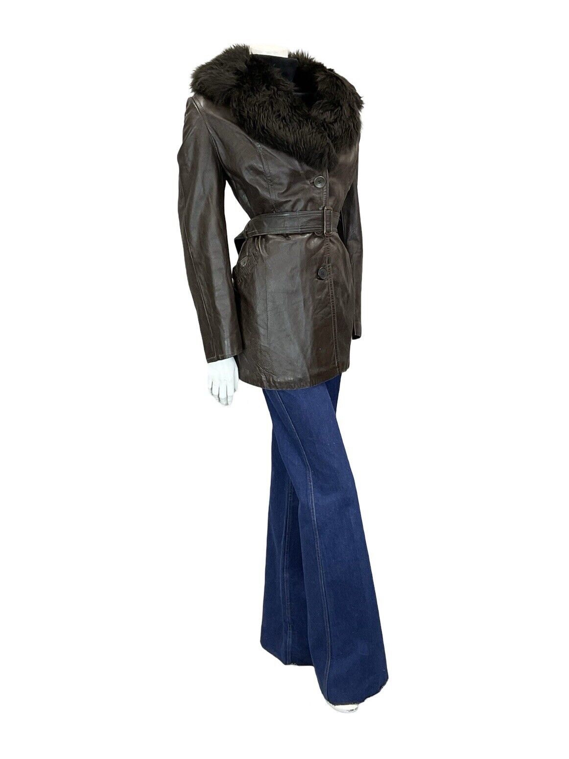 VTG 60S 70S DARK BROWN LEATHER BUCKLE TIE WAIST FUR TRIM COLLAR BELTED JACKET 14