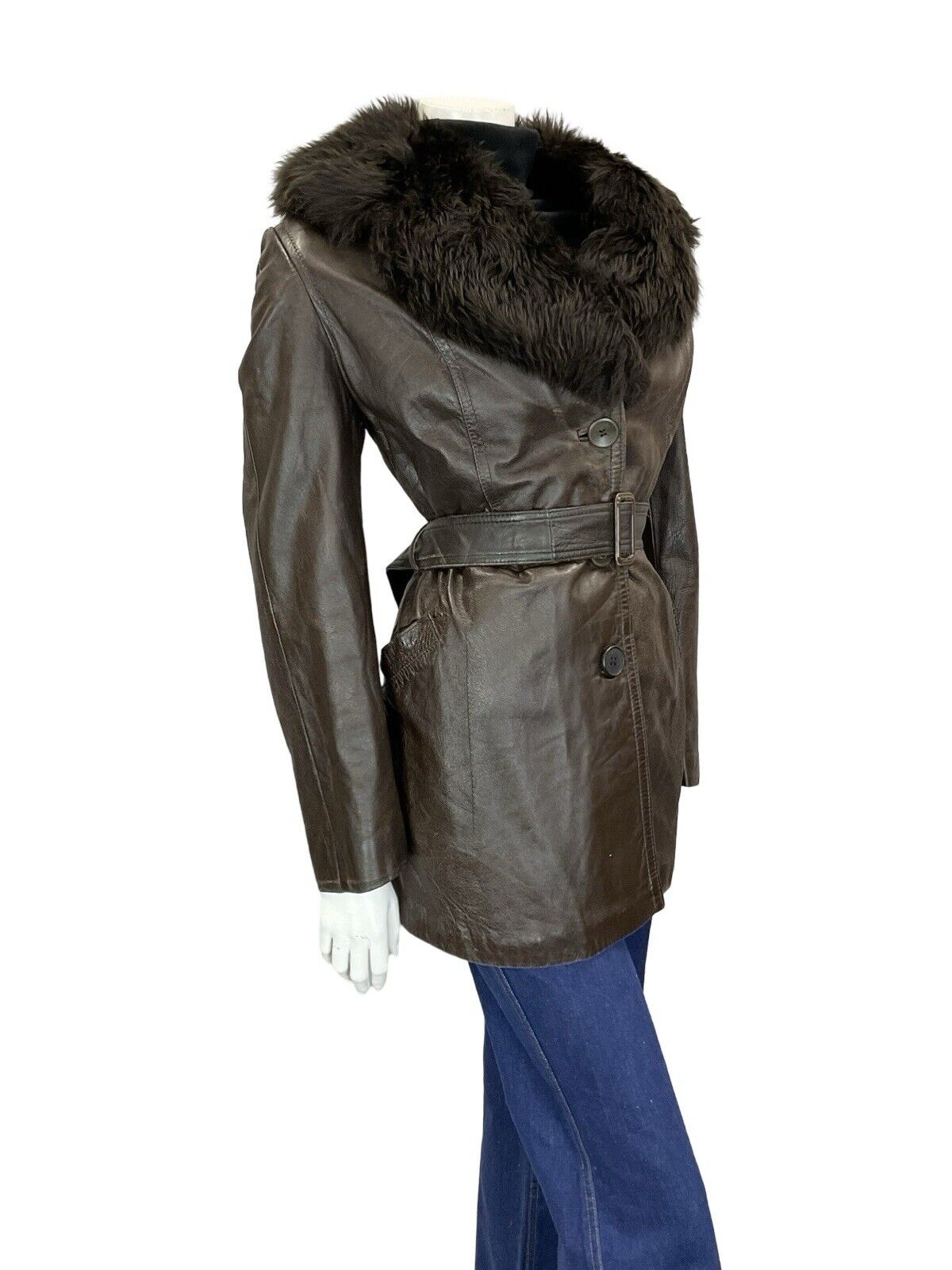 VTG 60S 70S DARK BROWN LEATHER BUCKLE TIE WAIST FUR TRIM COLLAR BELTED JACKET 14