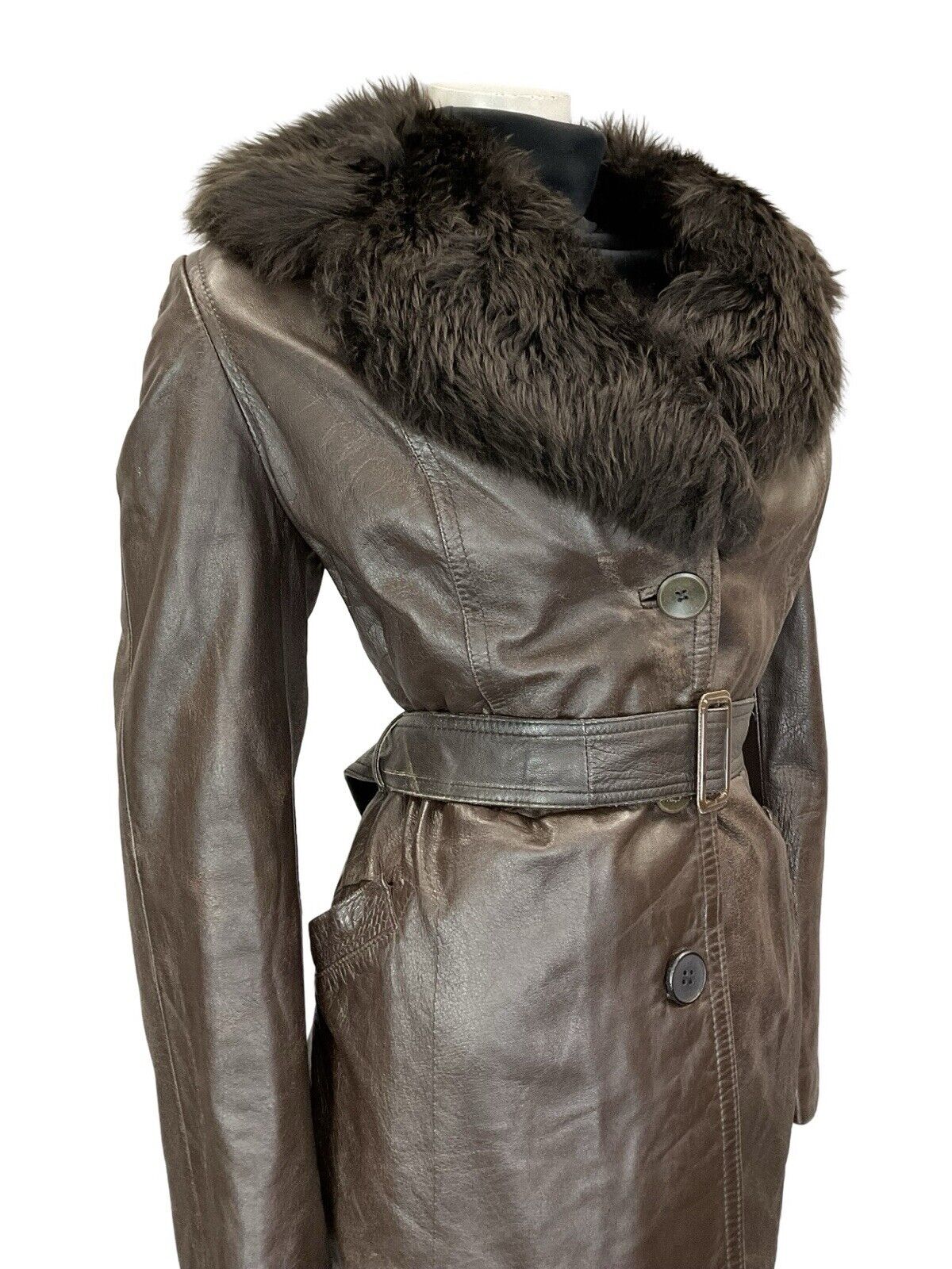 VTG 60S 70S DARK BROWN LEATHER BUCKLE TIE WAIST FUR TRIM COLLAR BELTED JACKET 14