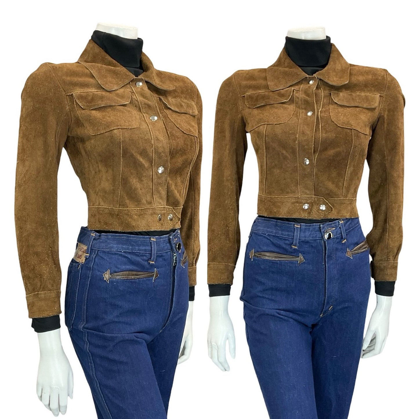 VTG 60S 70S BROWN SUEDE SILVER POPPER BUTTON CROPPED BOHO BEAGLE COLLAR JACKET 4