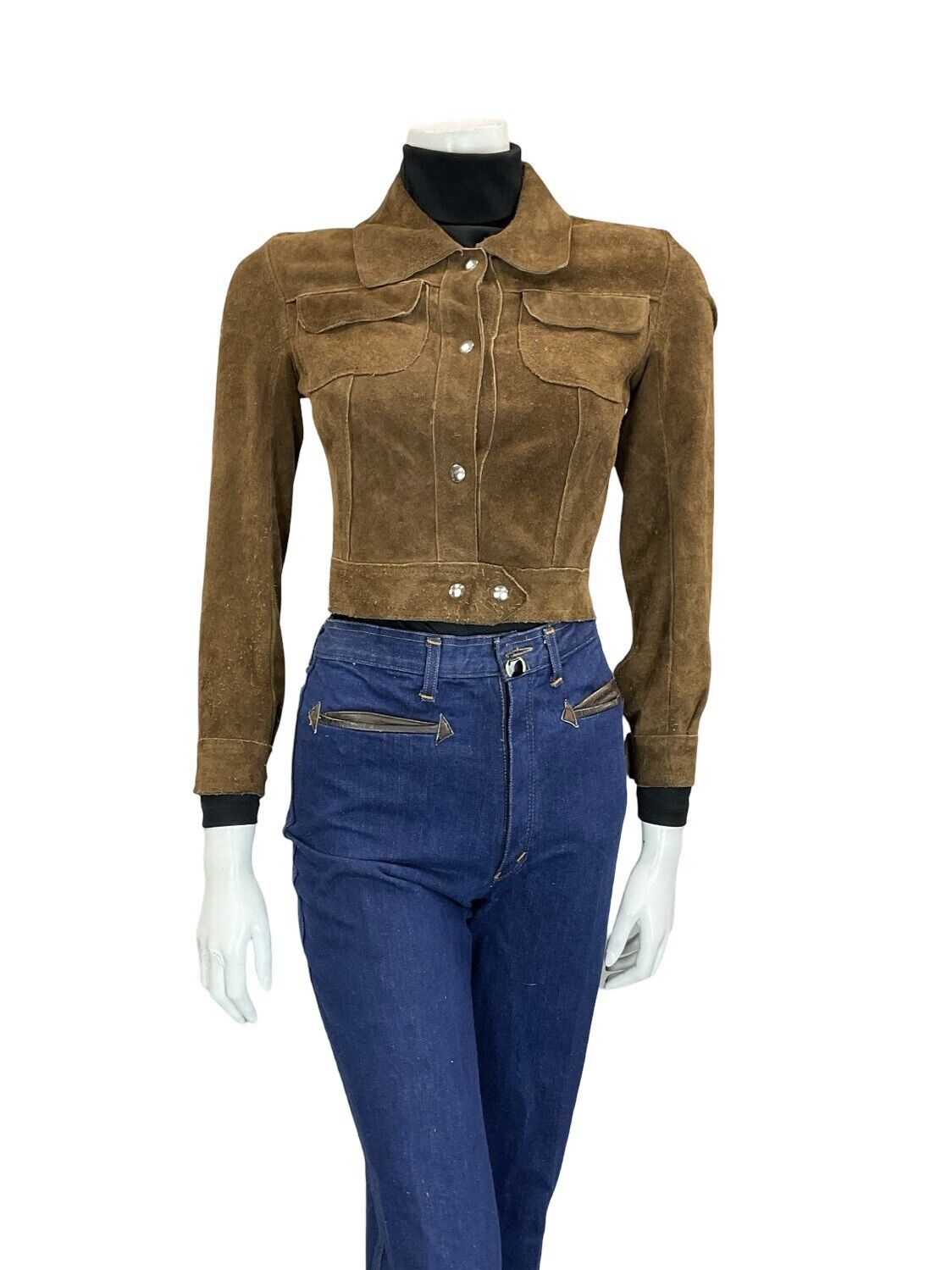 VTG 60S 70S BROWN SUEDE SILVER POPPER BUTTON CROPPED BOHO BEAGLE COLLAR JACKET 4