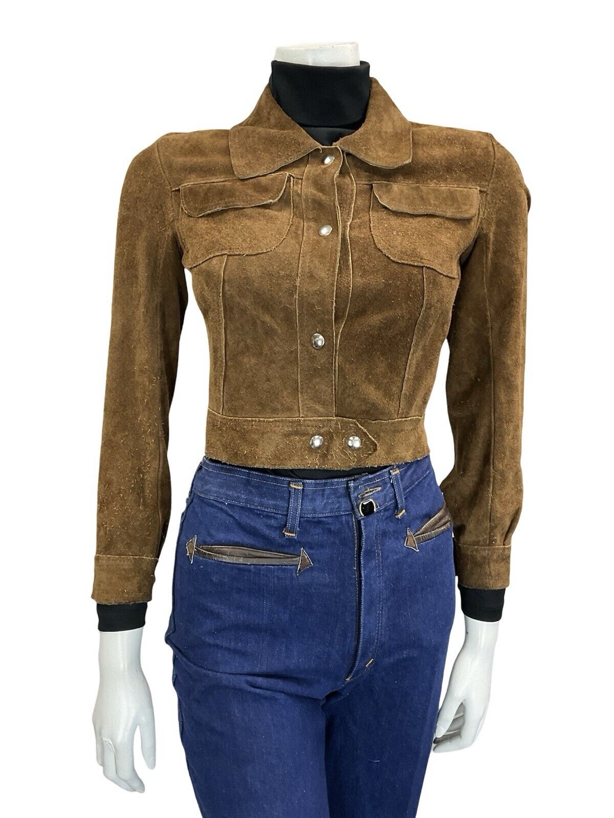 VTG 60S 70S BROWN SUEDE SILVER POPPER BUTTON CROPPED BOHO BEAGLE COLLAR JACKET 4