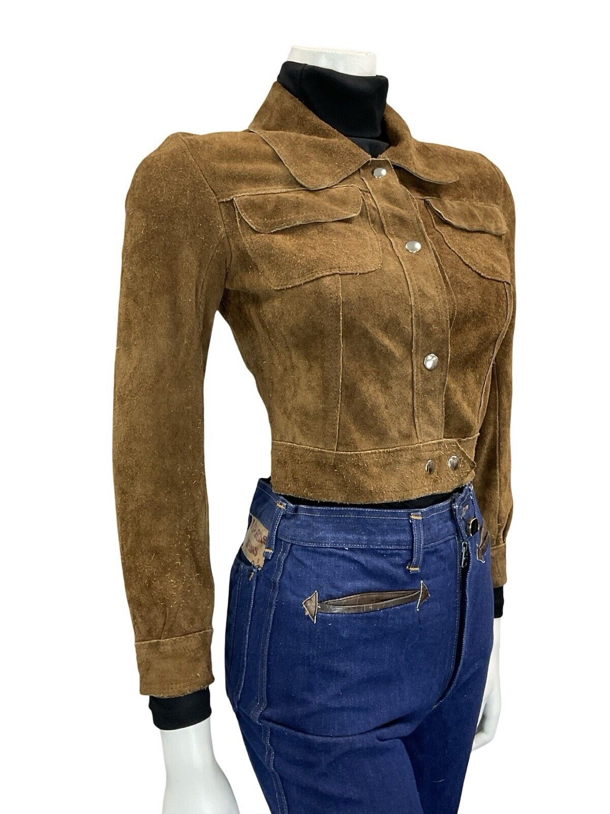 VTG 60S 70S BROWN SUEDE SILVER POPPER BUTTON CROPPED BOHO BEAGLE COLLAR JACKET 4