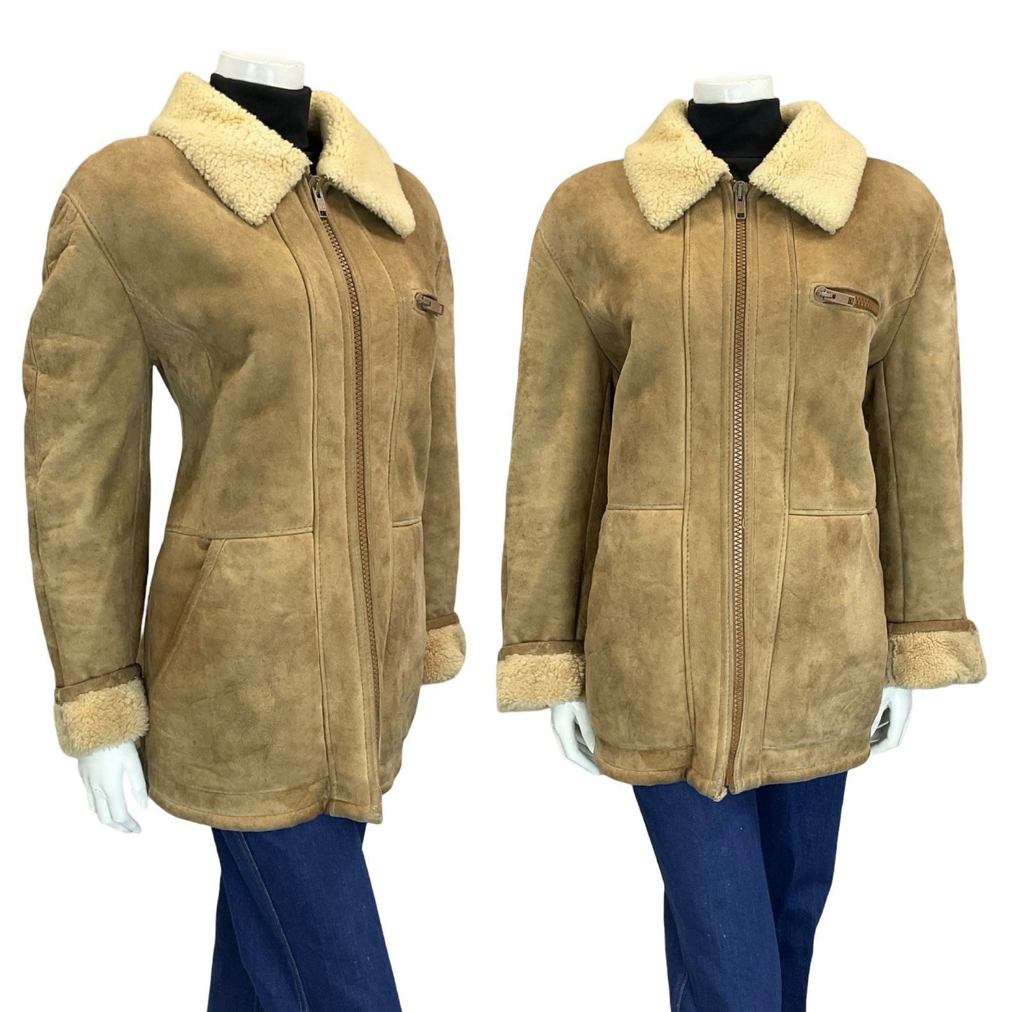 VTG 60S 70S AVIATOR BEIGE SAND SUEDE SHEARLING ZIP UP JACKET W POCKETS 18 20