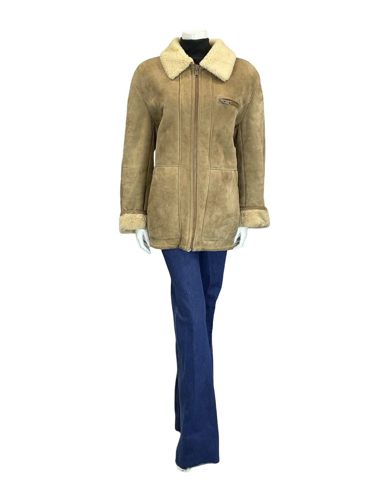 VTG 60S 70S AVIATOR BEIGE SAND SUEDE SHEARLING ZIP UP JACKET W POCKETS 18 20
