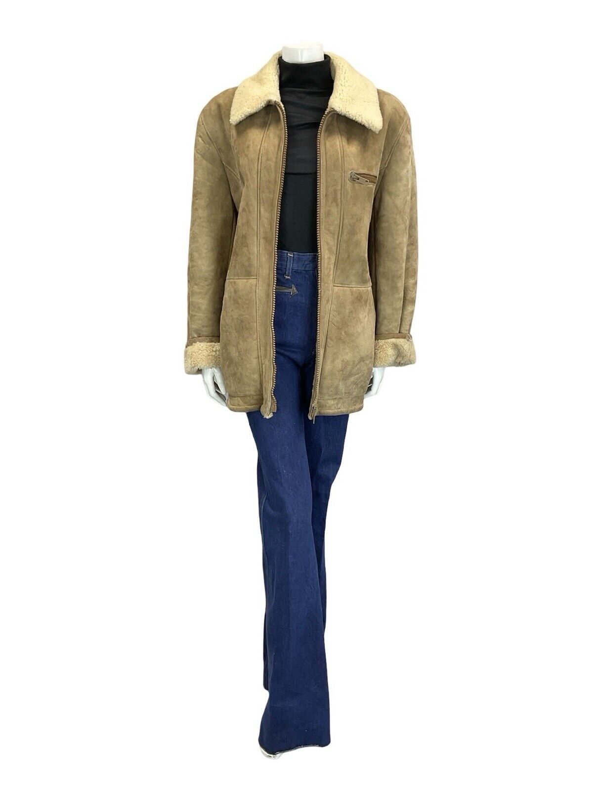 VTG 60S 70S AVIATOR BEIGE SAND SUEDE SHEARLING ZIP UP JACKET W POCKETS 18 20