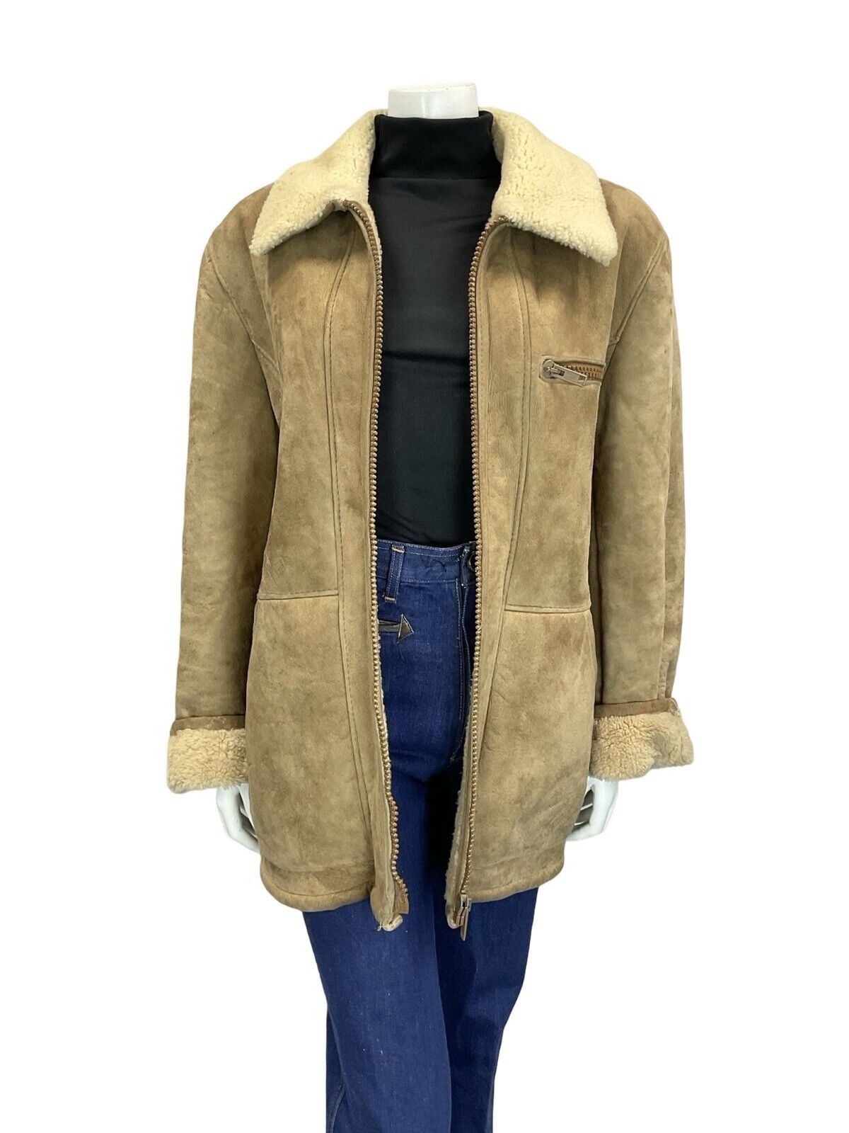 VTG 60S 70S AVIATOR BEIGE SAND SUEDE SHEARLING ZIP UP JACKET W POCKETS 18 20