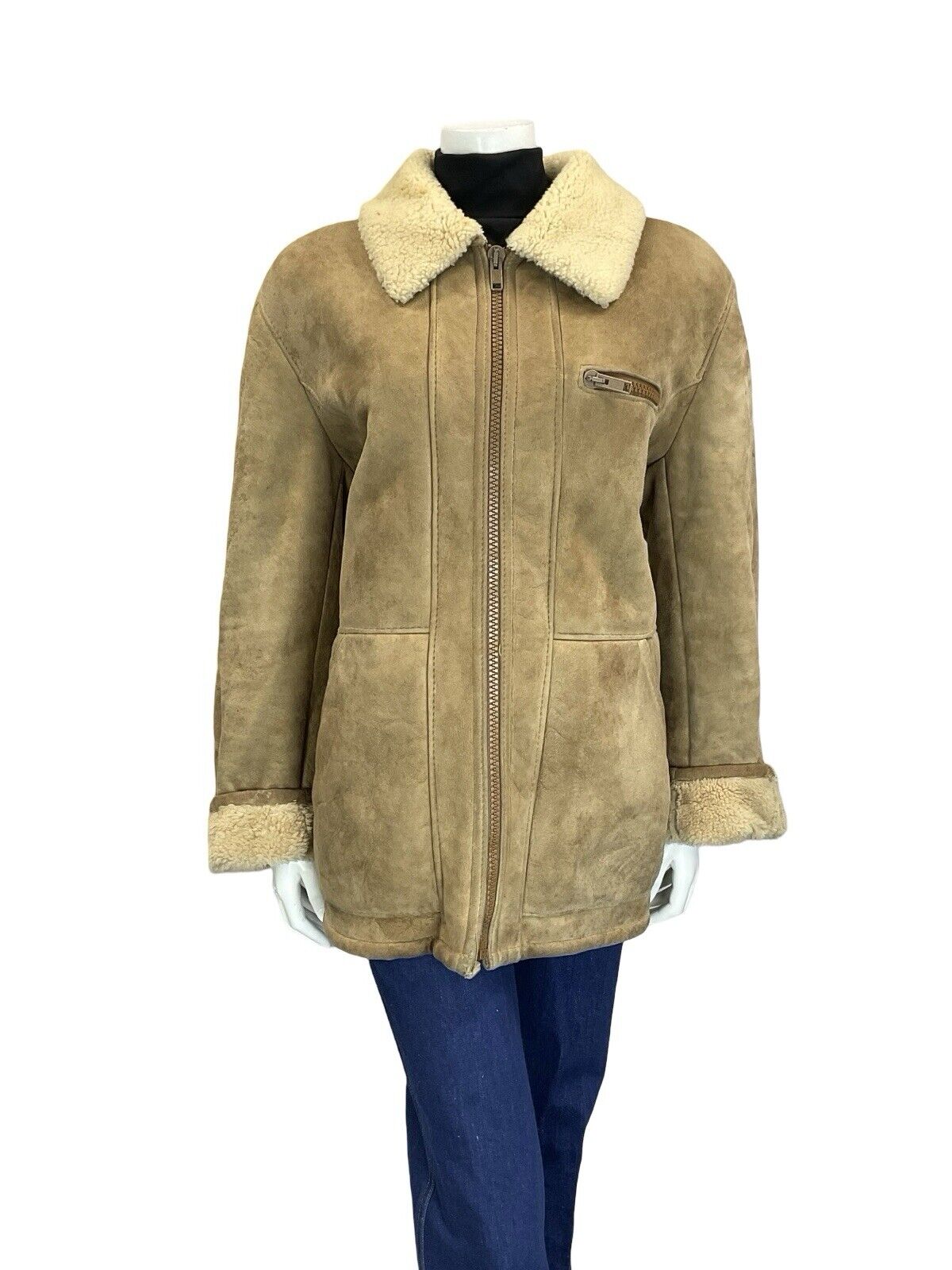 VTG 60S 70S AVIATOR BEIGE SAND SUEDE SHEARLING ZIP UP JACKET W POCKETS 18 20