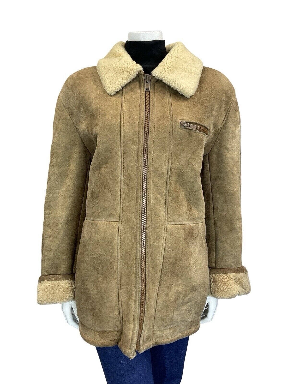 VTG 60S 70S AVIATOR BEIGE SAND SUEDE SHEARLING ZIP UP JACKET W POCKETS 18 20