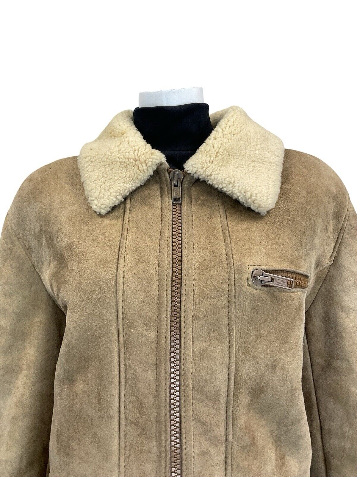 VTG 60S 70S AVIATOR BEIGE SAND SUEDE SHEARLING ZIP UP JACKET W POCKETS 18 20
