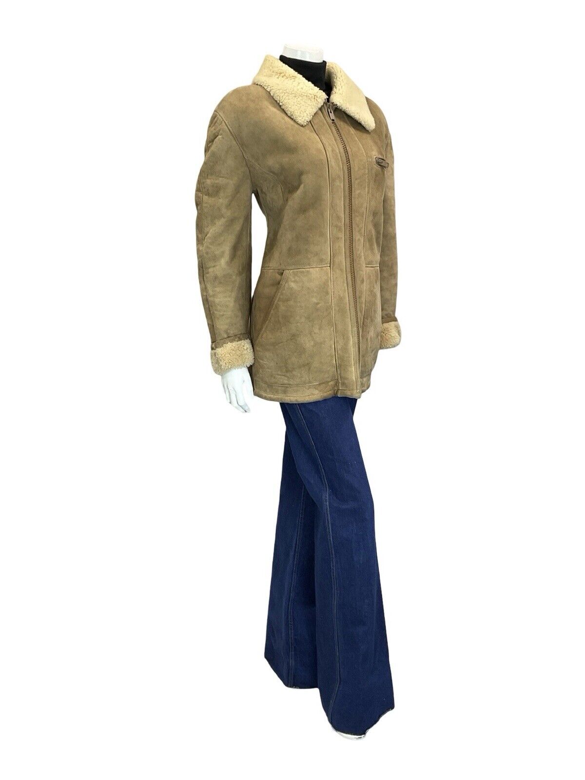 VTG 60S 70S AVIATOR BEIGE SAND SUEDE SHEARLING ZIP UP JACKET W POCKETS 18 20