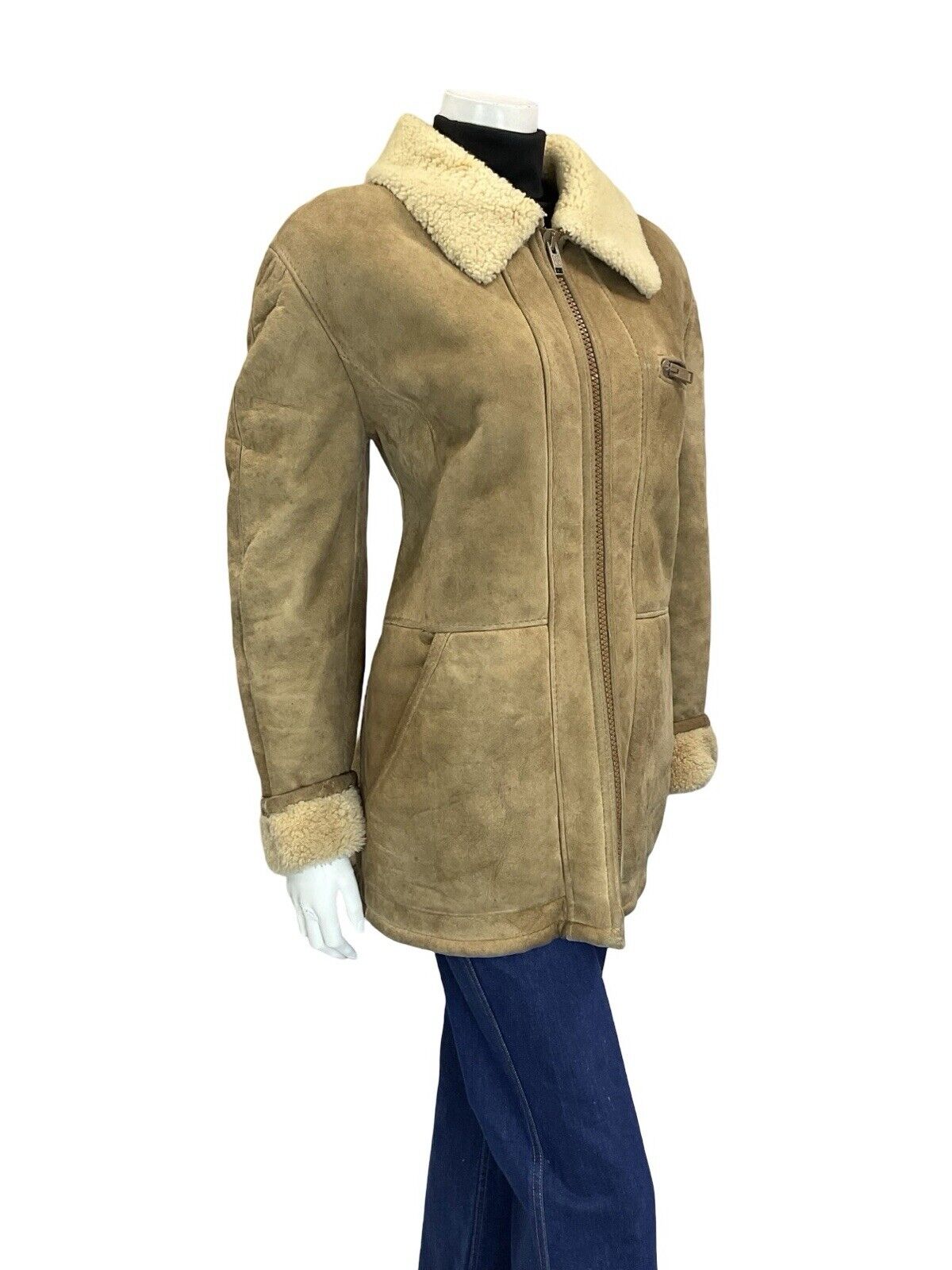 VTG 60S 70S AVIATOR BEIGE SAND SUEDE SHEARLING ZIP UP JACKET W POCKETS 18 20