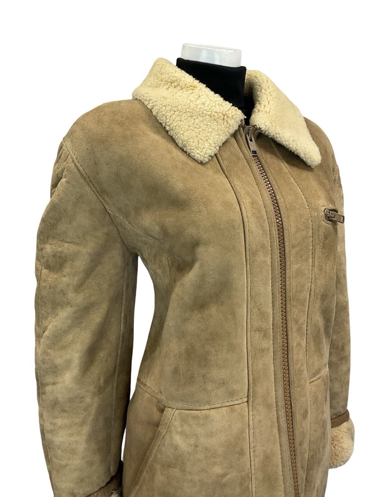 VTG 60S 70S AVIATOR BEIGE SAND SUEDE SHEARLING ZIP UP JACKET W POCKETS 18 20