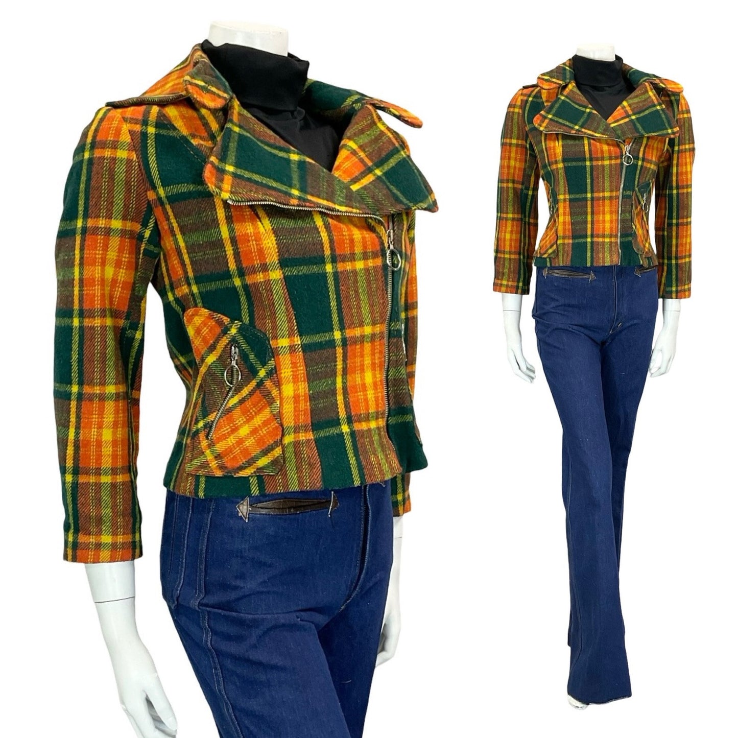 60S 70S GREEN YELLOW ORANGE TARTAN BIKER PUNK MOD O RING ZIP UP WOOL JACKET 8