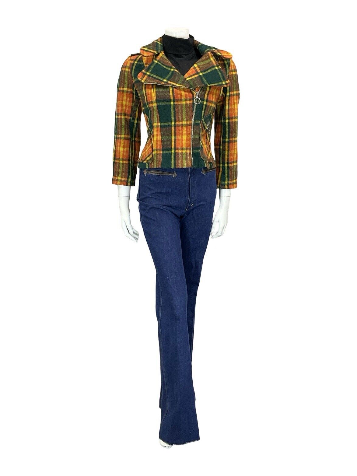 60S 70S GREEN YELLOW ORANGE TARTAN BIKER PUNK MOD O RING ZIP UP WOOL JACKET 8