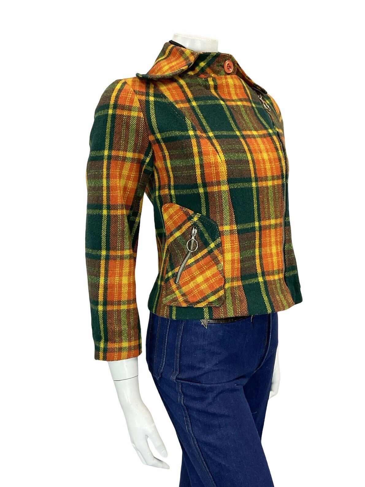 60S 70S GREEN YELLOW ORANGE TARTAN BIKER PUNK MOD O RING ZIP UP WOOL JACKET 8