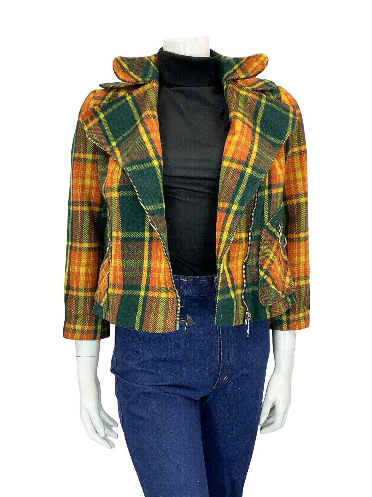 60S 70S GREEN YELLOW ORANGE TARTAN BIKER PUNK MOD O RING ZIP UP WOOL JACKET 8