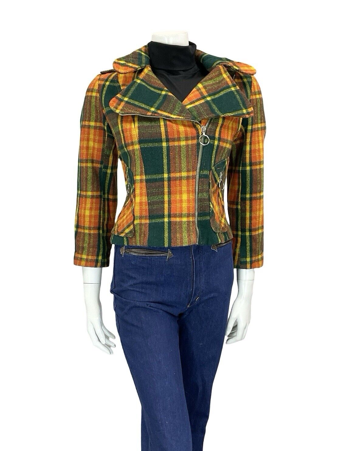60S 70S GREEN YELLOW ORANGE TARTAN BIKER PUNK MOD O RING ZIP UP WOOL JACKET 8