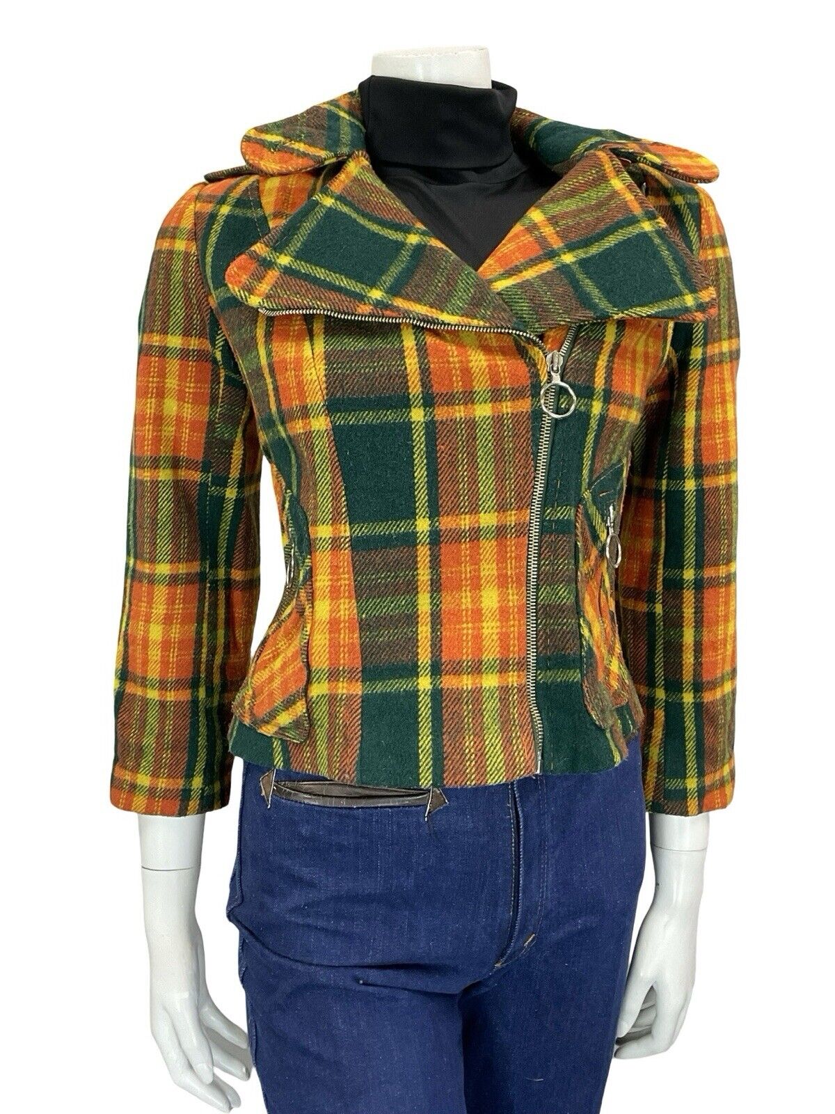 60S 70S GREEN YELLOW ORANGE TARTAN BIKER PUNK MOD O RING ZIP UP WOOL JACKET 8