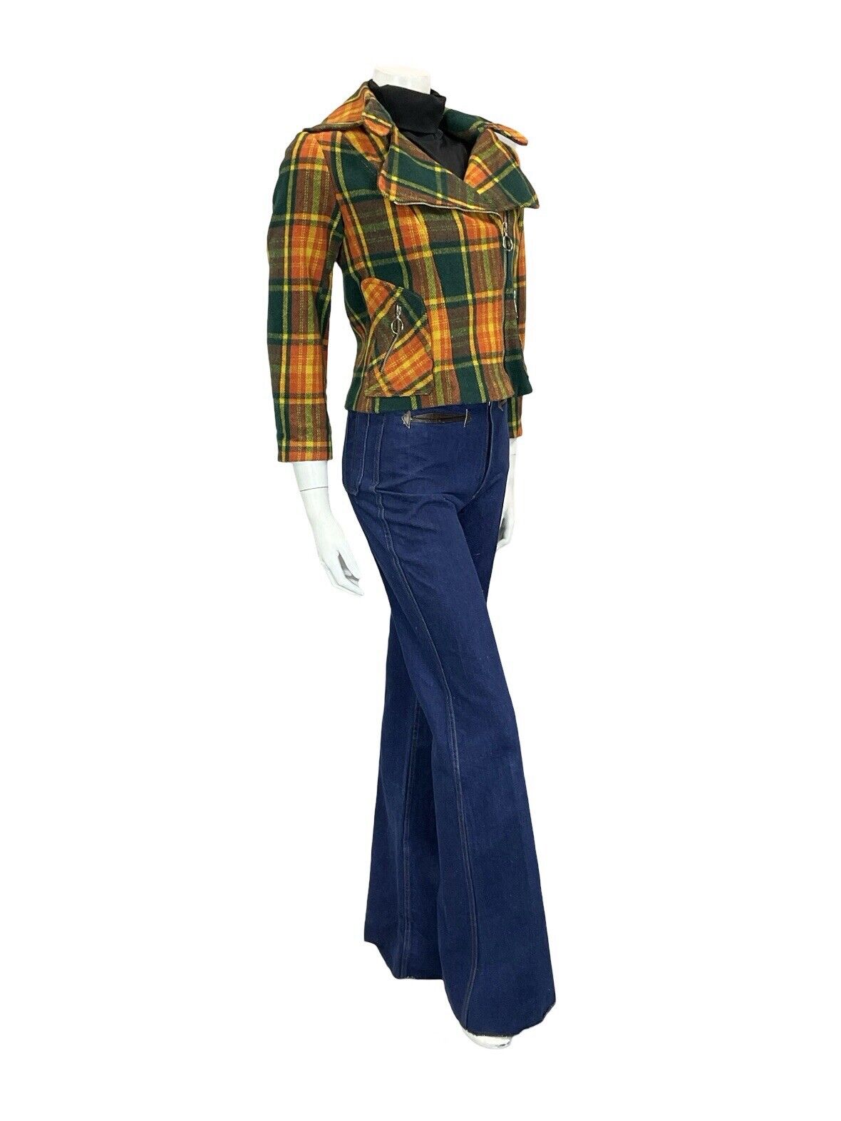 60S 70S GREEN YELLOW ORANGE TARTAN BIKER PUNK MOD O RING ZIP UP WOOL JACKET 8