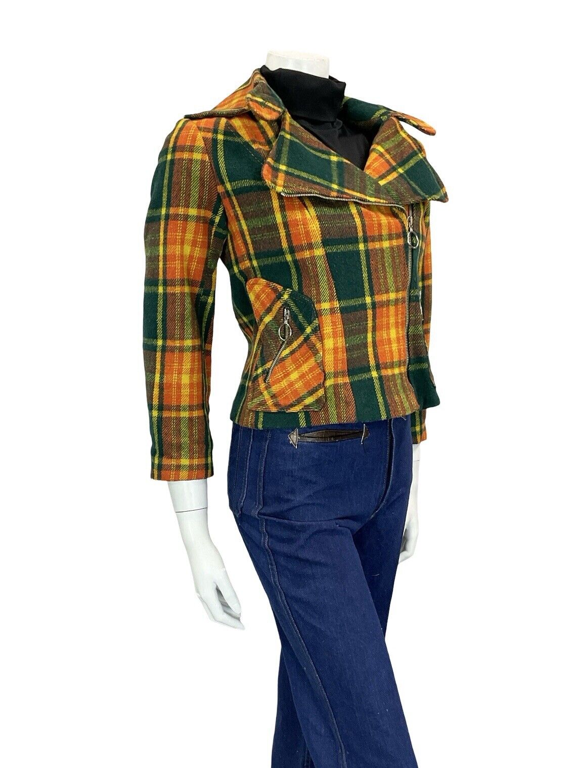 60S 70S GREEN YELLOW ORANGE TARTAN BIKER PUNK MOD O RING ZIP UP WOOL JACKET 8
