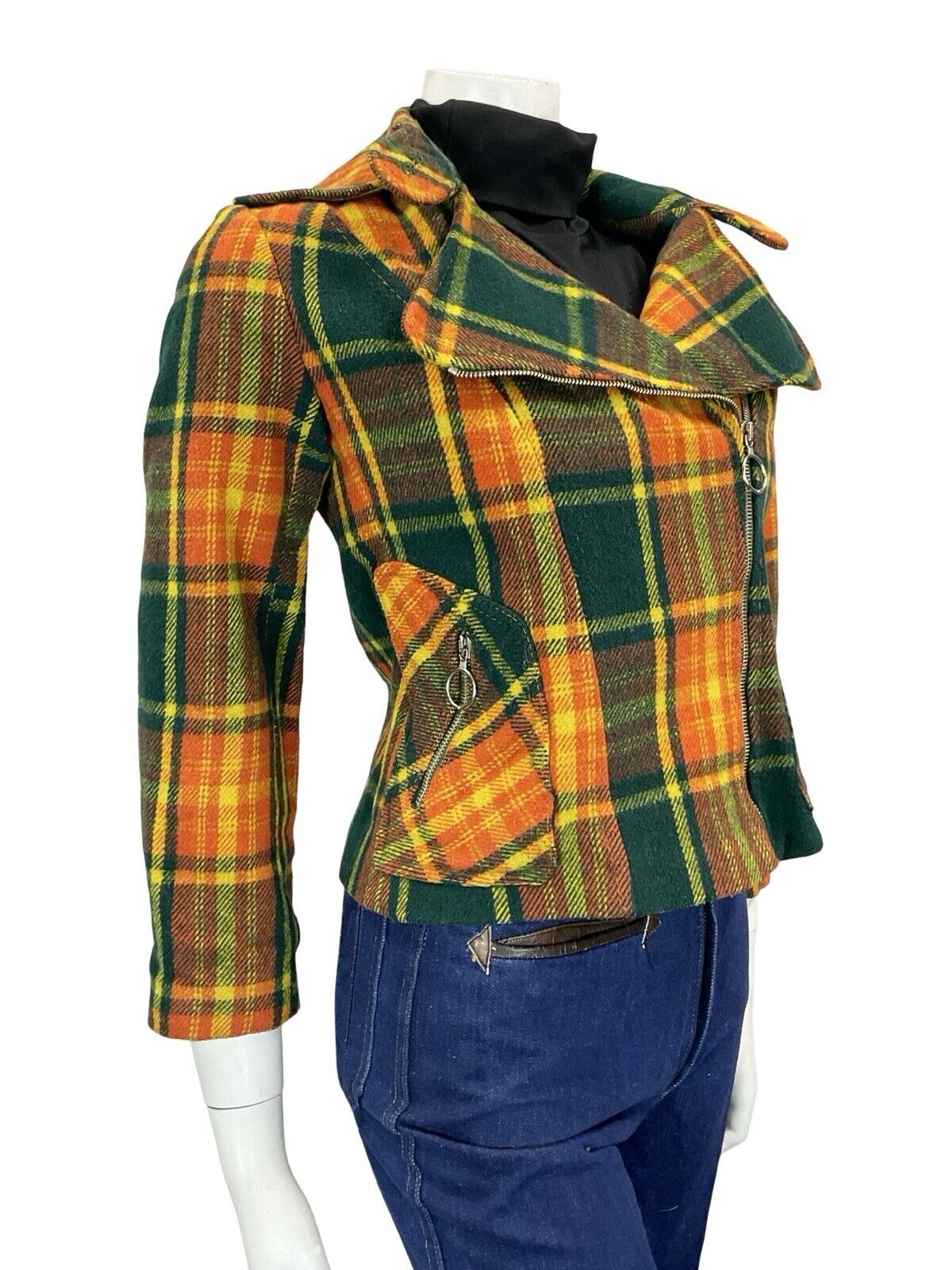 60S 70S GREEN YELLOW ORANGE TARTAN BIKER PUNK MOD O RING ZIP UP WOOL JACKET 8